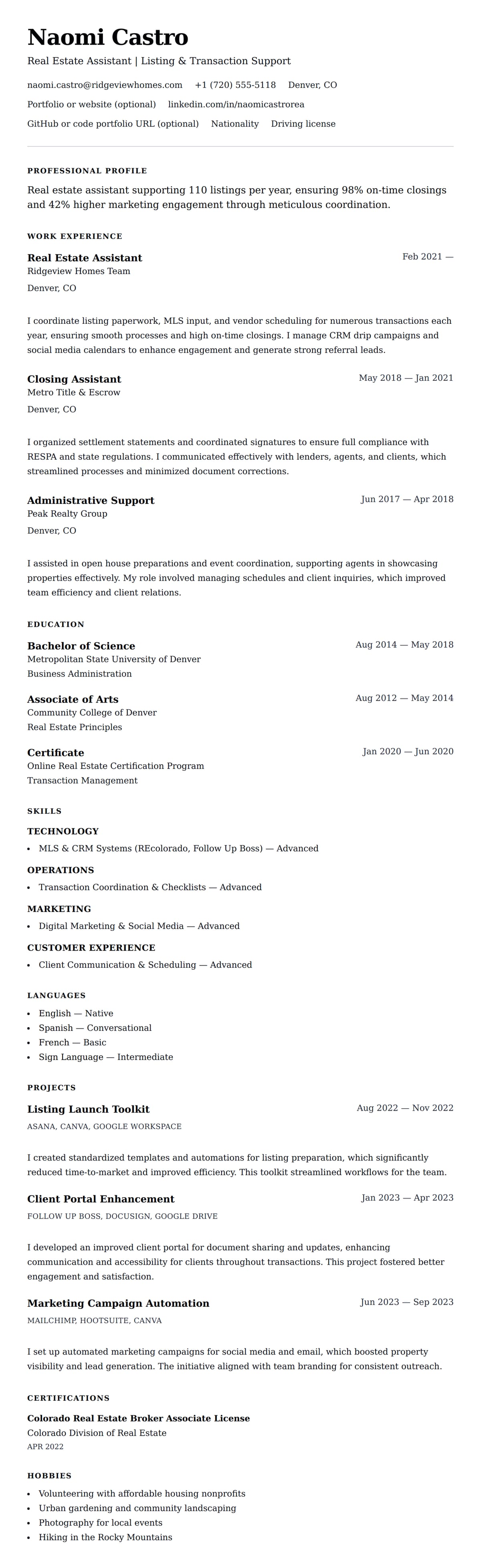 Resume preview for Real Estate Assistant Resume Example