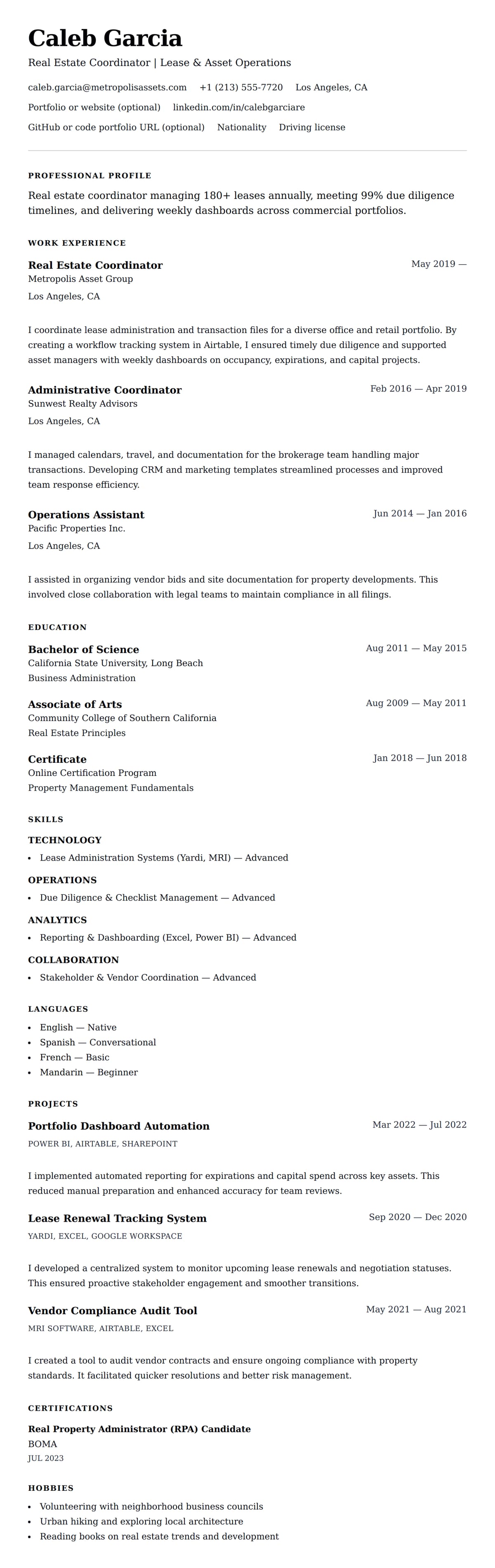 Resume preview for Real Estate Coordinator Resume Example