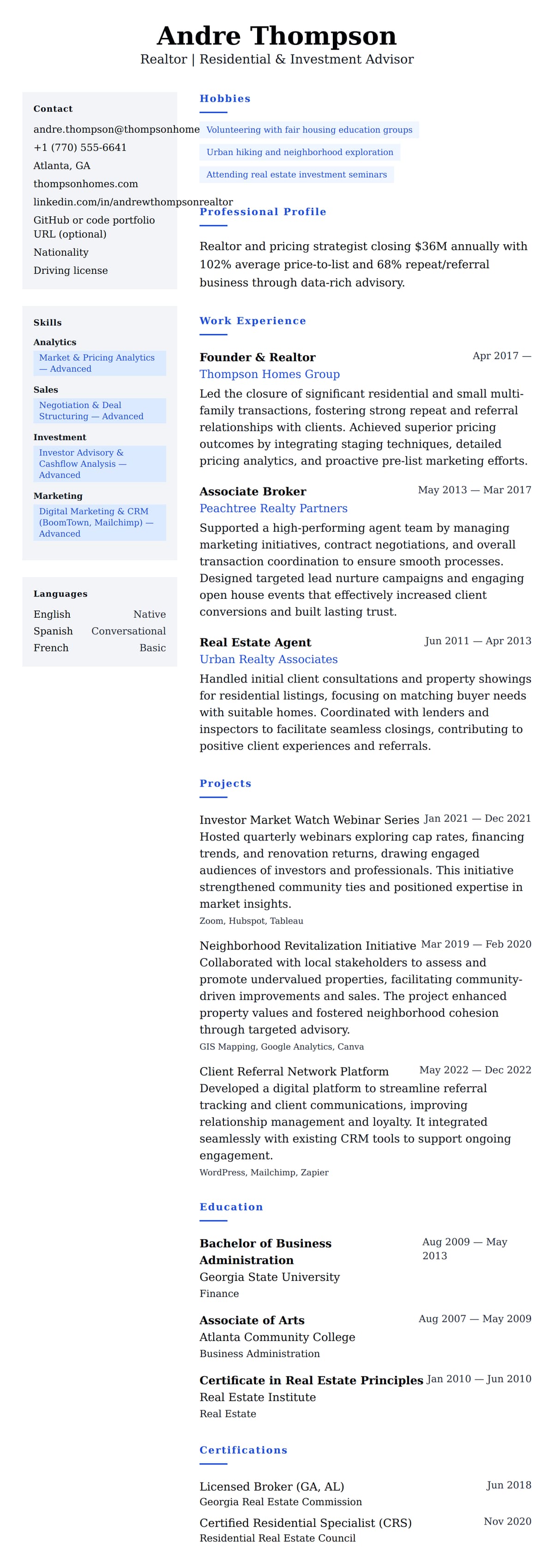 Resume preview for Realtor Resume Example