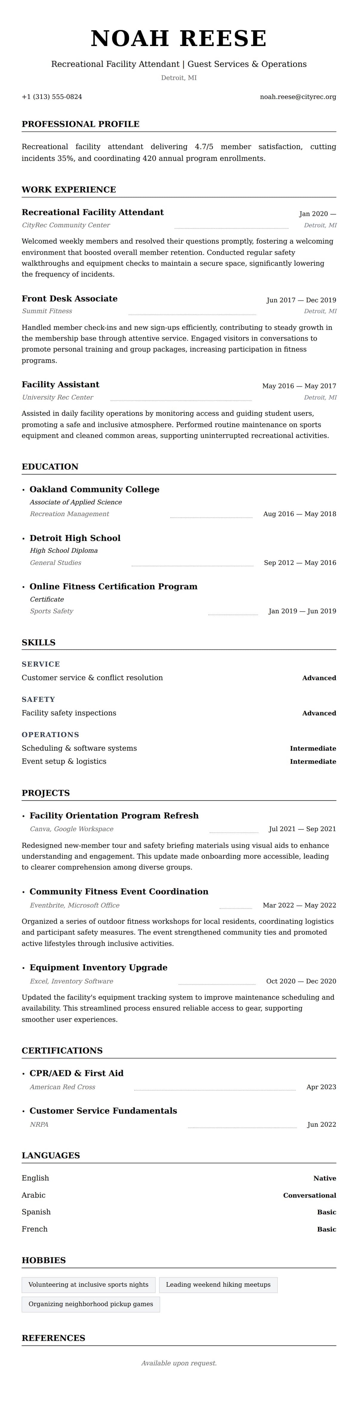 Resume preview for Recreational Facility Attendant Resume Example