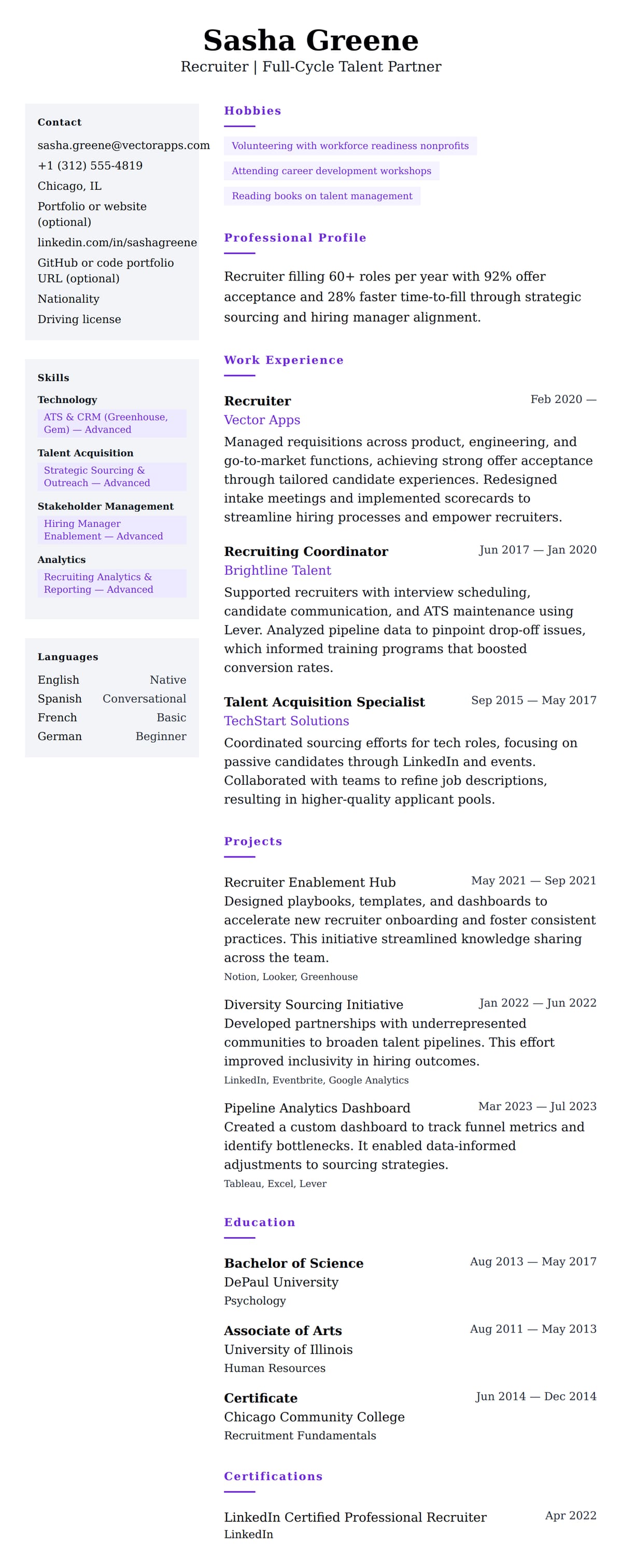 Resume preview for Recruiter Resume Example
