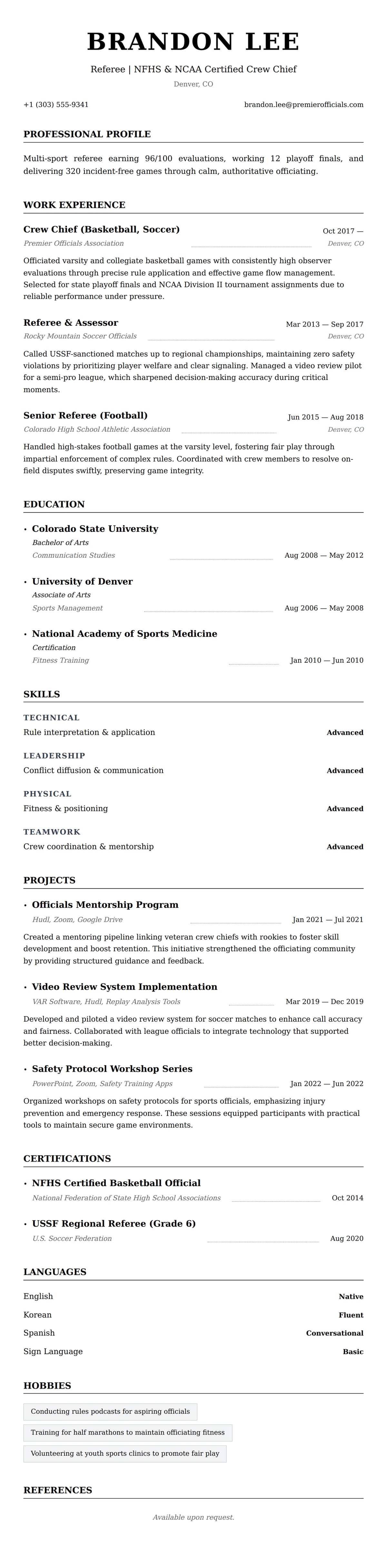 Resume preview for Referee Resume Example