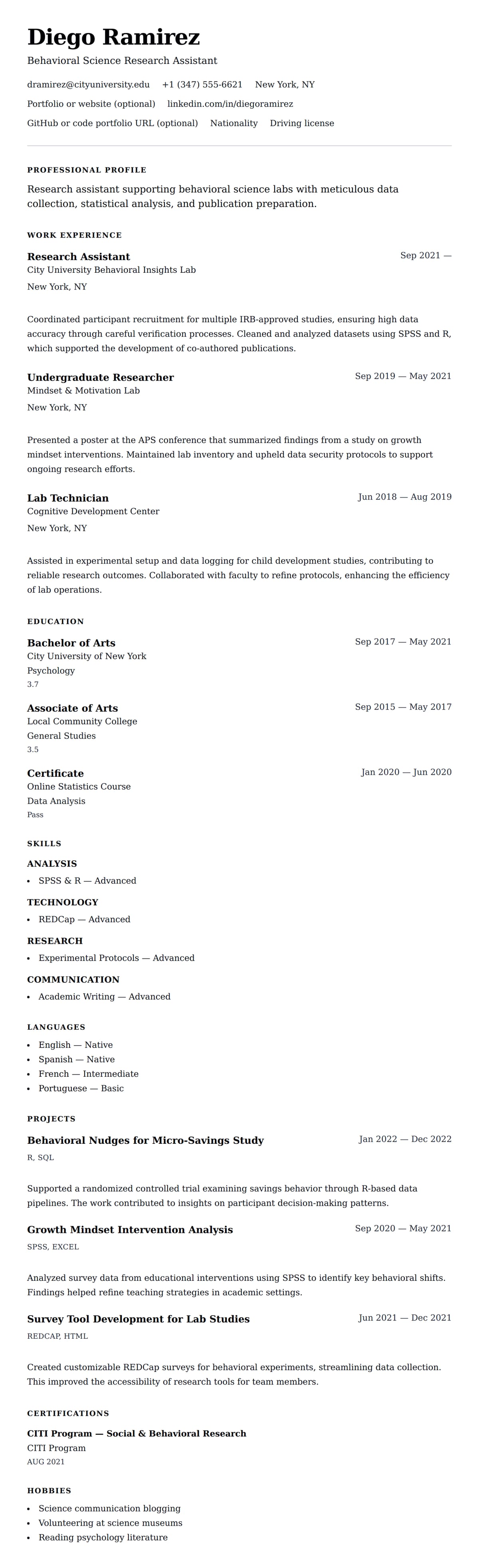 Resume preview for Research Assistant Resume Example