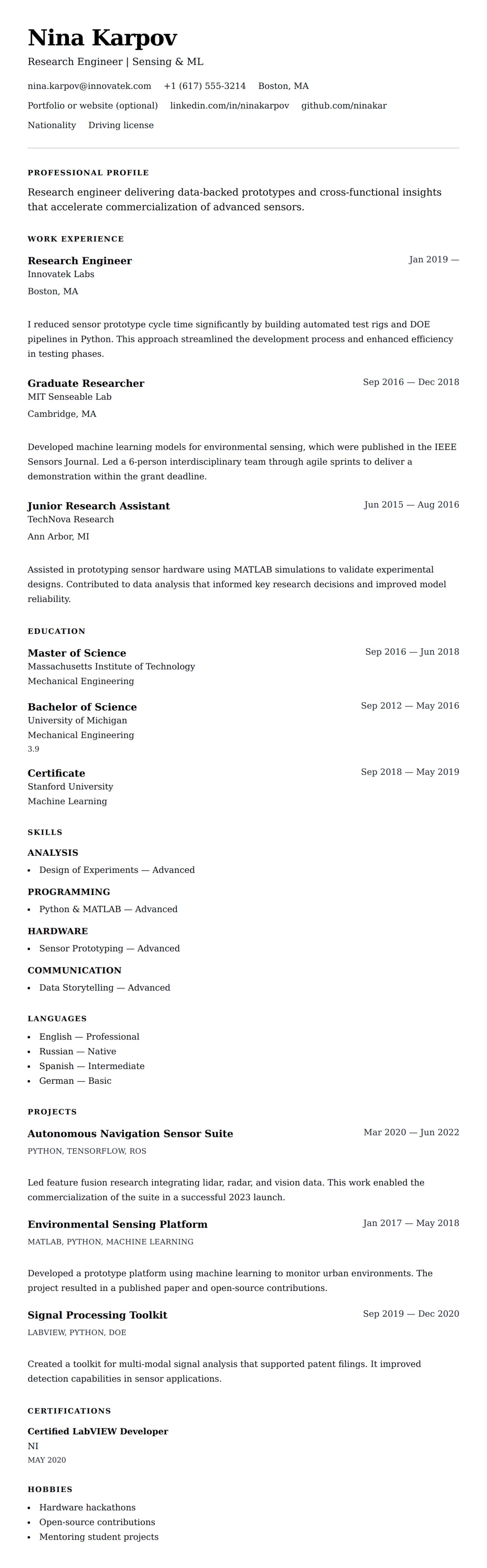 Resume preview for Research Engineer Resume Example