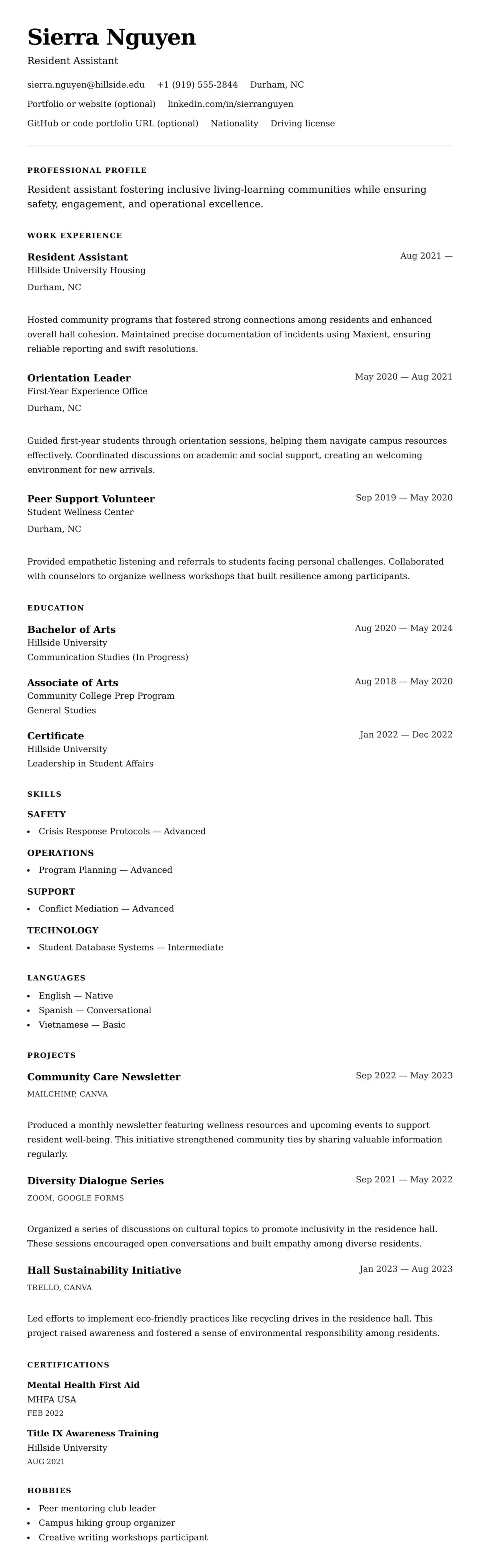 Resume preview for Resident Assistant Resume Example