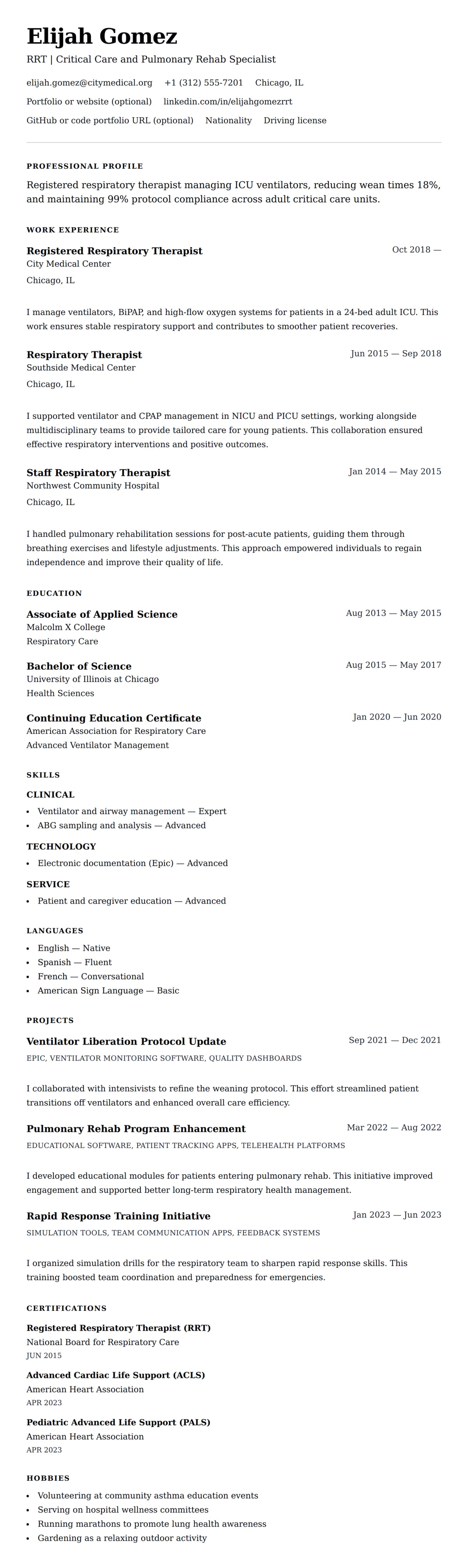 Resume preview for Respiratory Therapist Resume Example