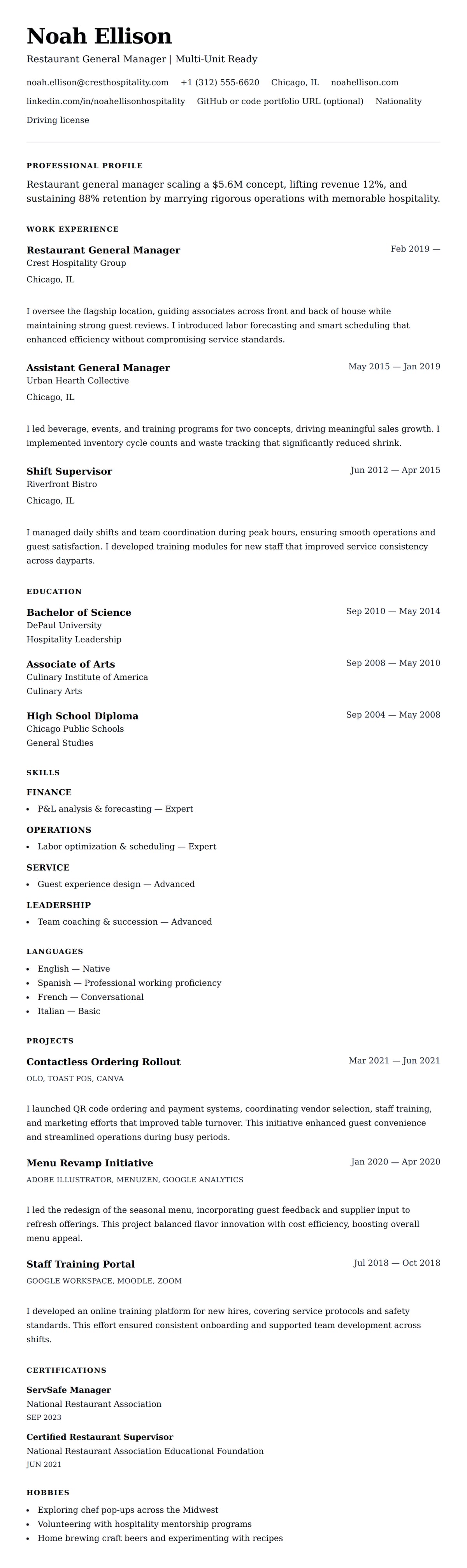 Resume preview for Restaurant Manager Resume Example