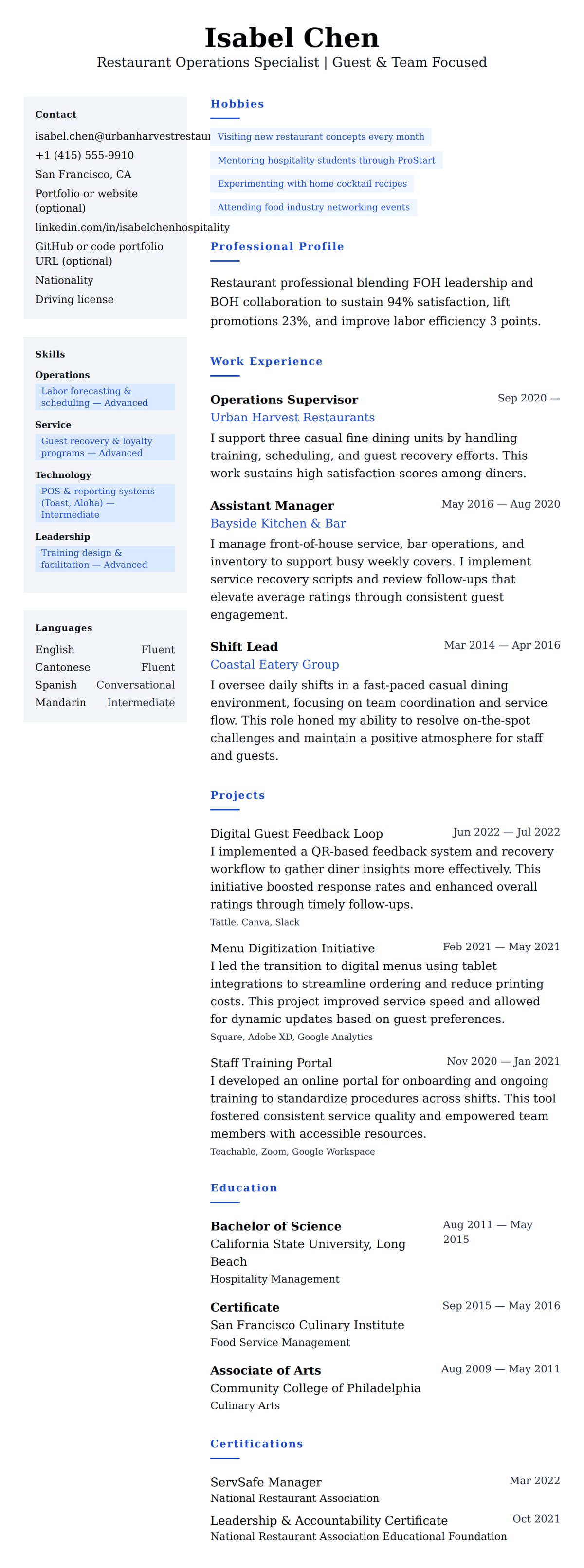 Resume preview for Restaurant Professional Resume Example