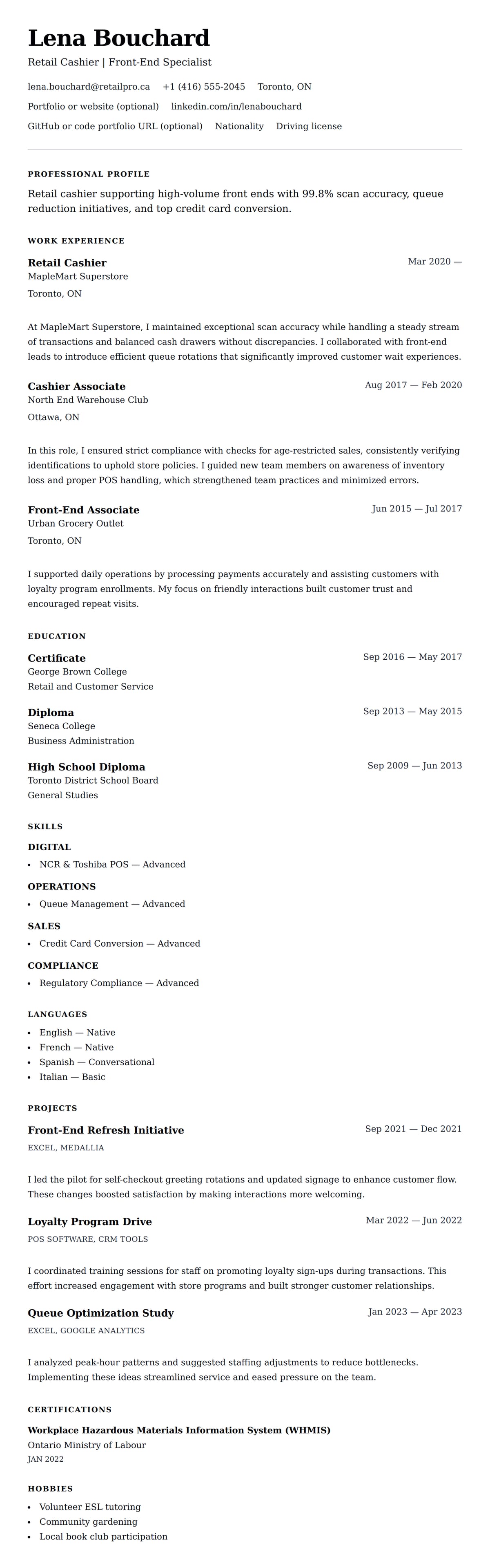 Resume preview for Retail Cashier Resume Example