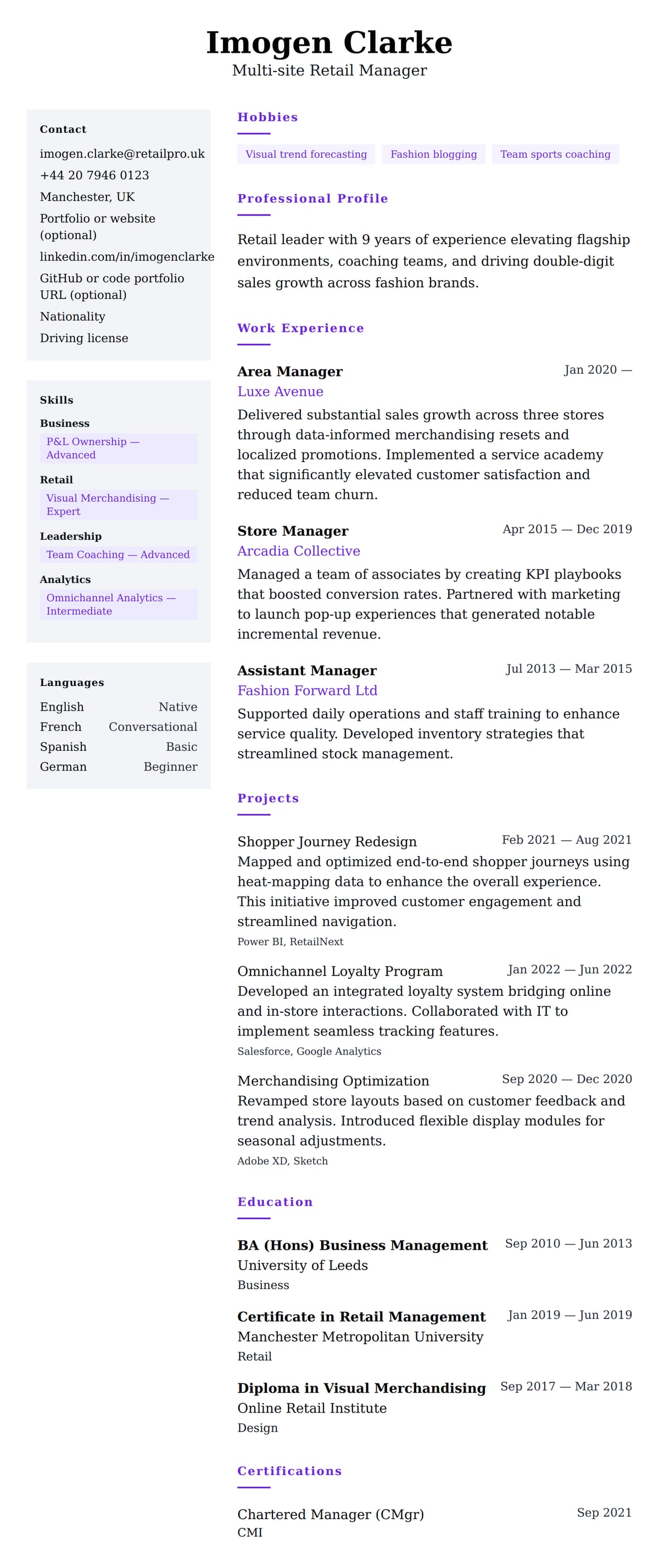 Resume preview for Retail Manager Resume Example
