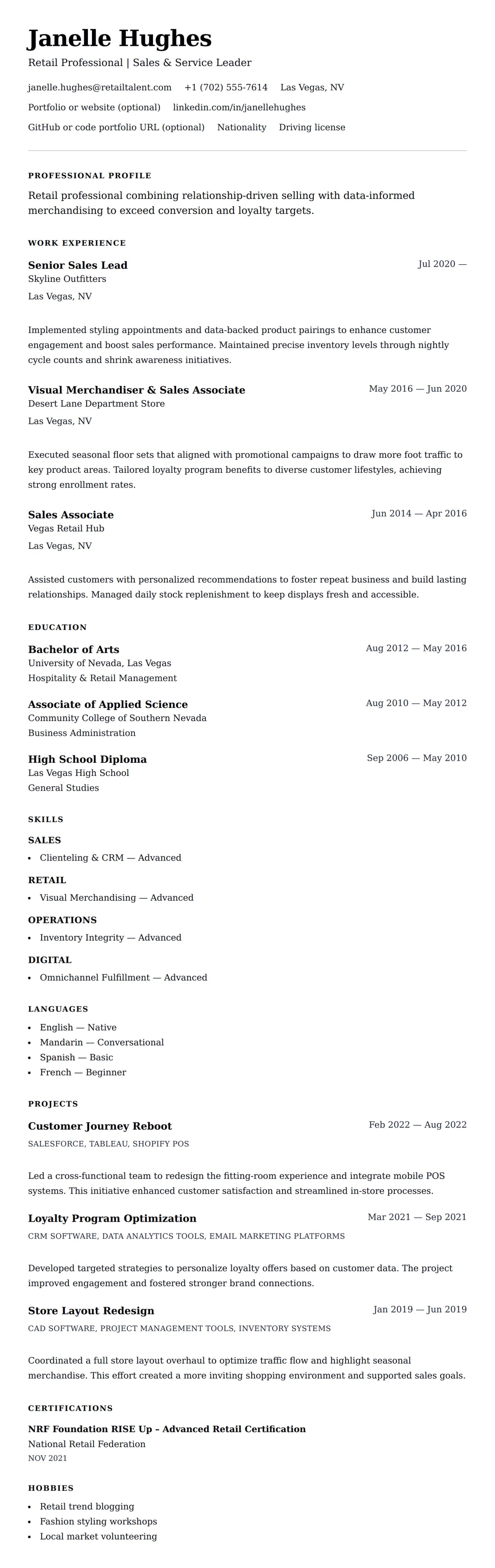 Resume preview for Retail Professional Resume Example