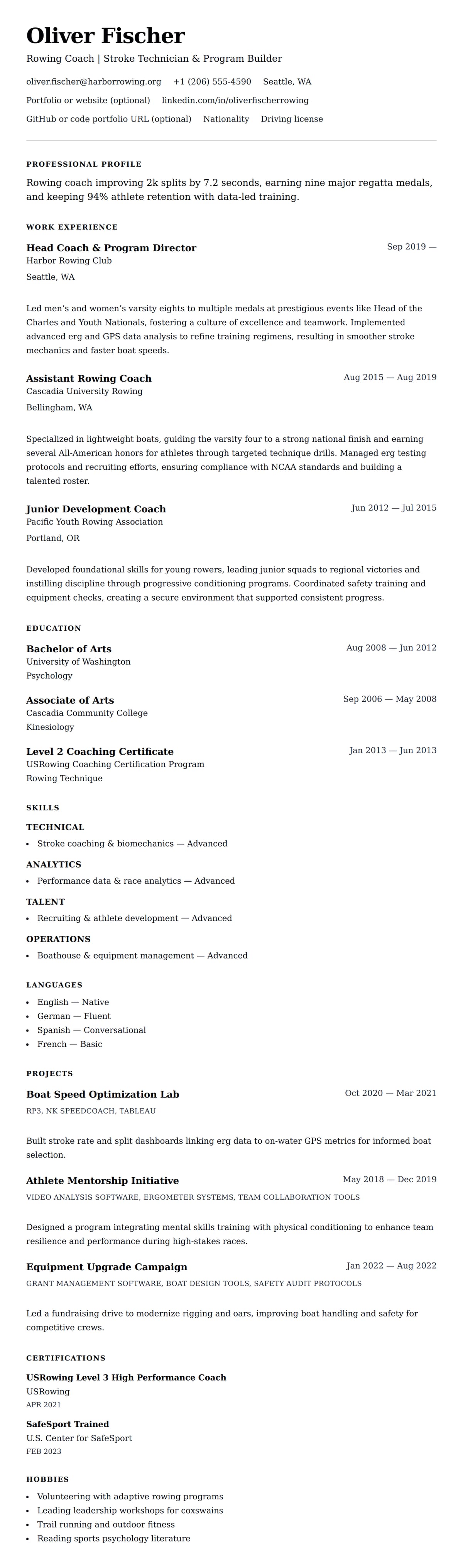 Resume preview for Rowing Coach Resume Example