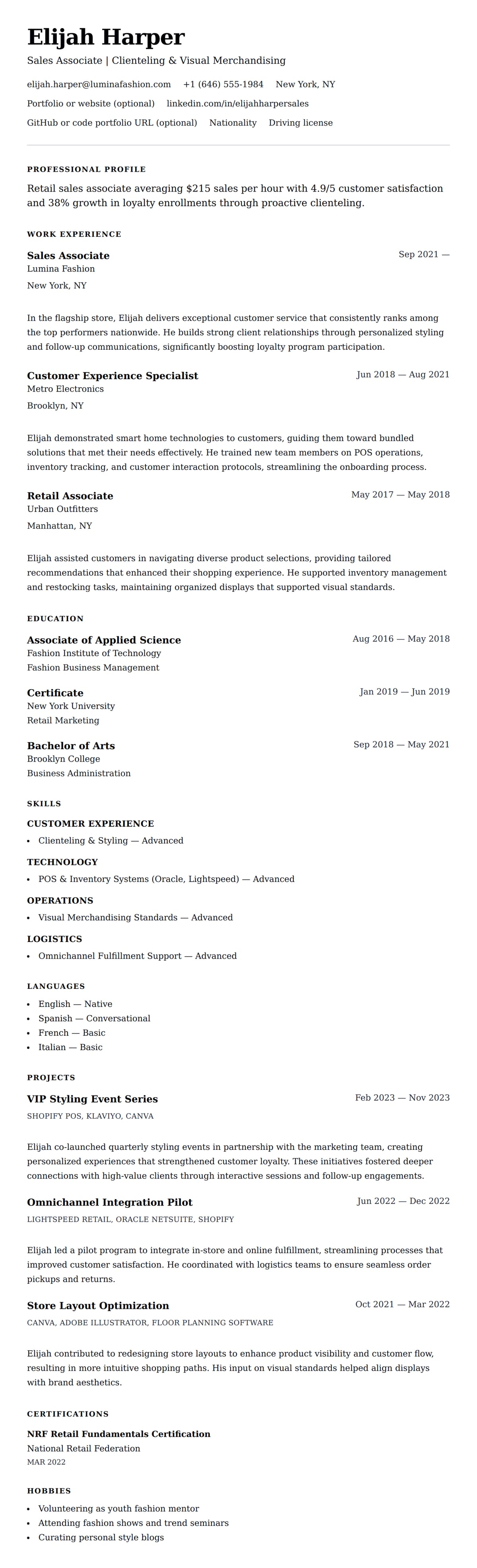 Resume preview for Sales Associate Resume Example