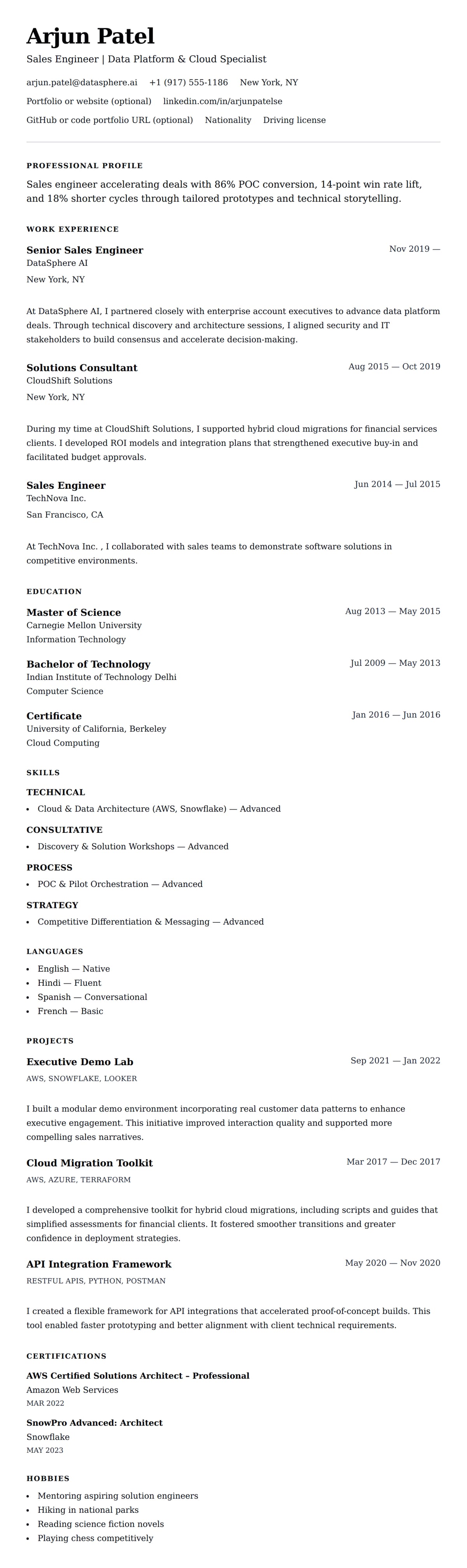Resume preview for Sales Engineer Resume Example