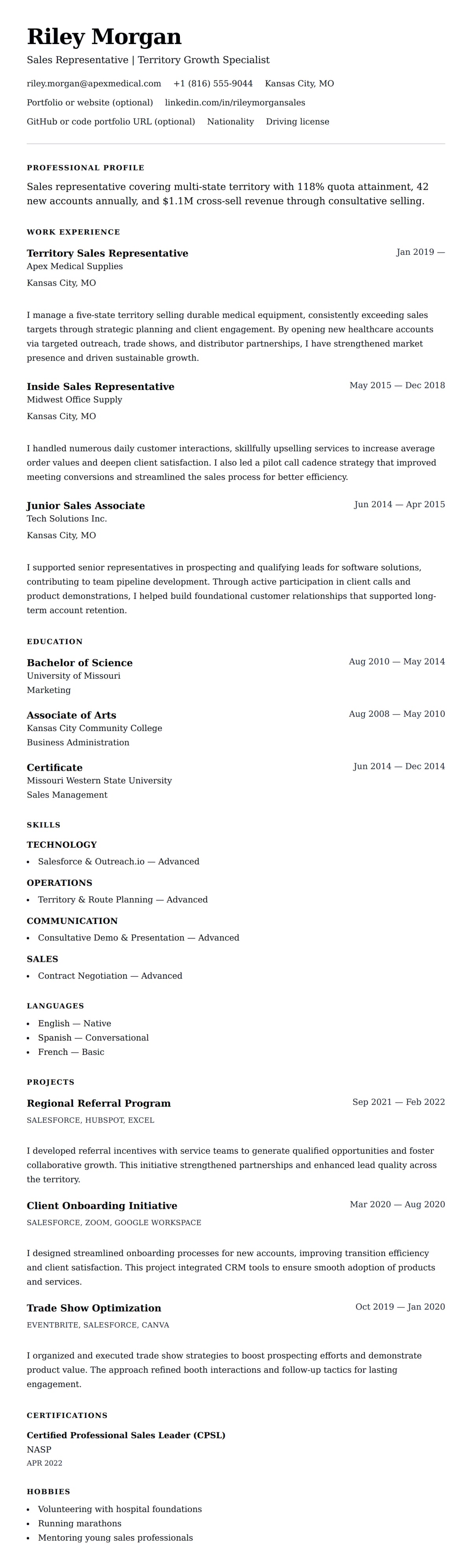 Resume preview for Sales Representative Resume Example