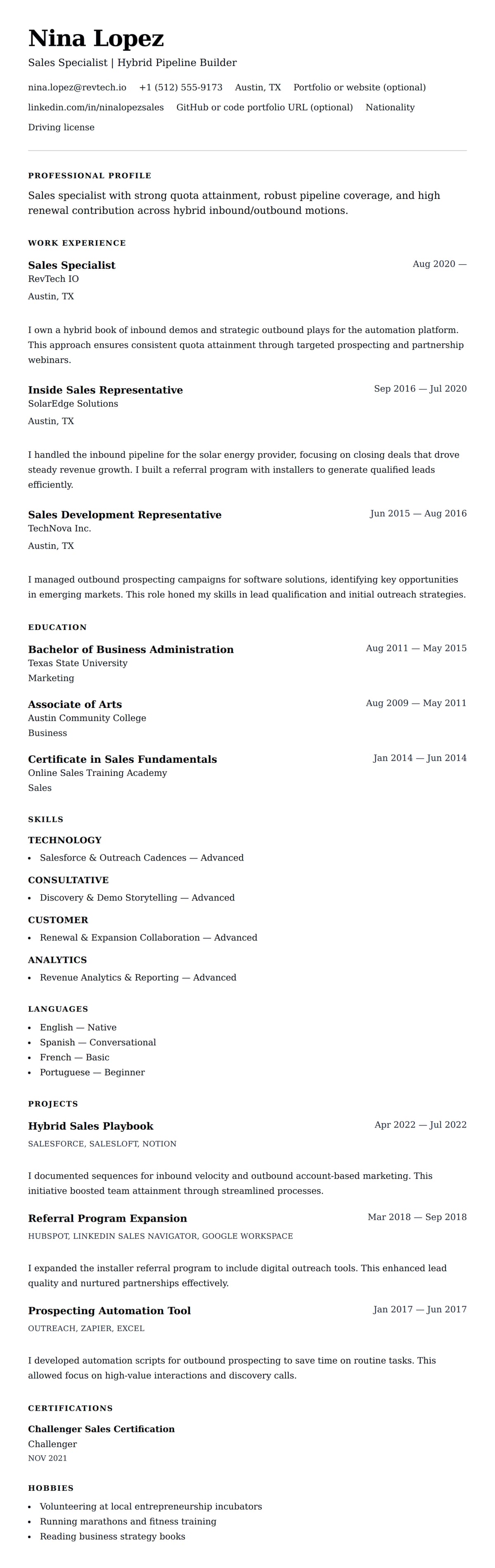 Resume preview for Sales Specialist Resume Example