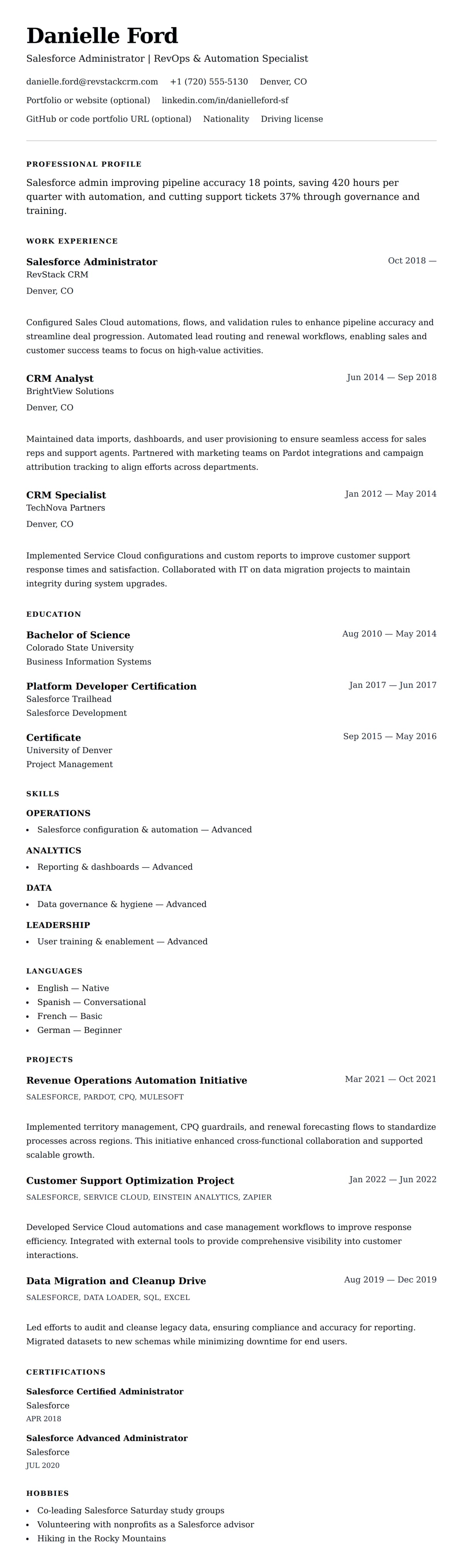 Resume preview for Salesforce Admin Resume Example