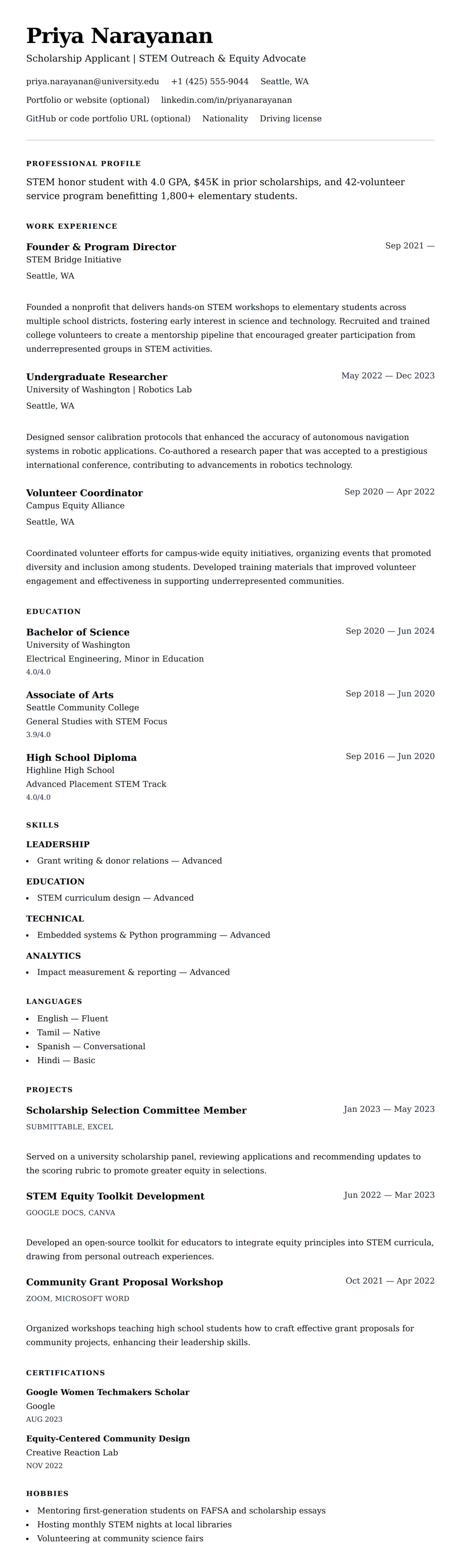 Resume preview for Scholarship Resume Resume Example