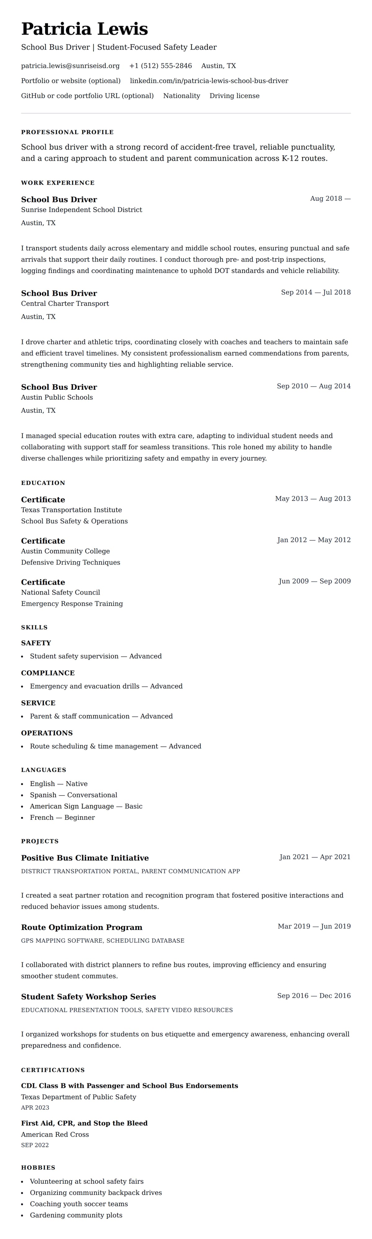 Resume preview for School Bus Driver Resume Example