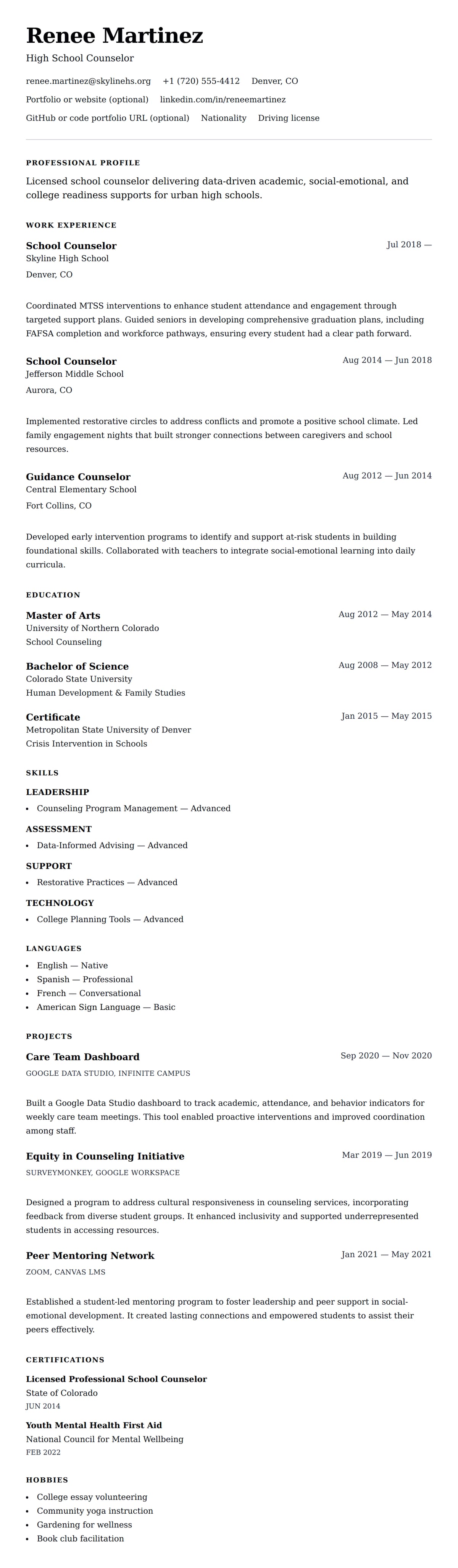 Resume preview for School Counselor Resume Example