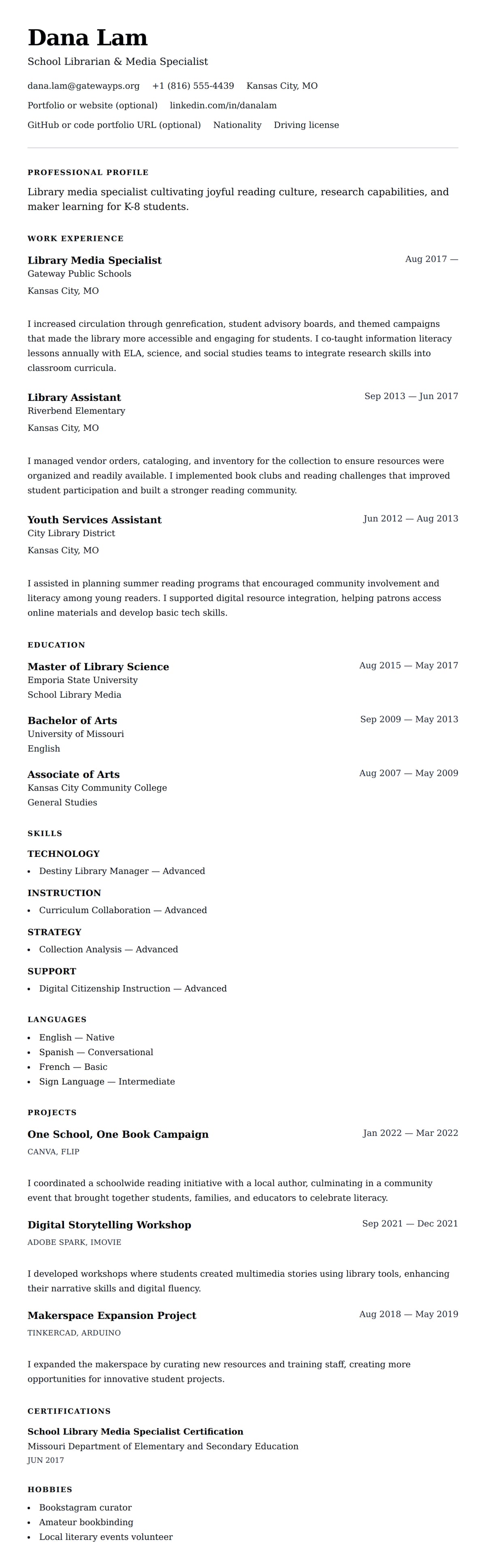 Resume preview for Librarian Resume Example