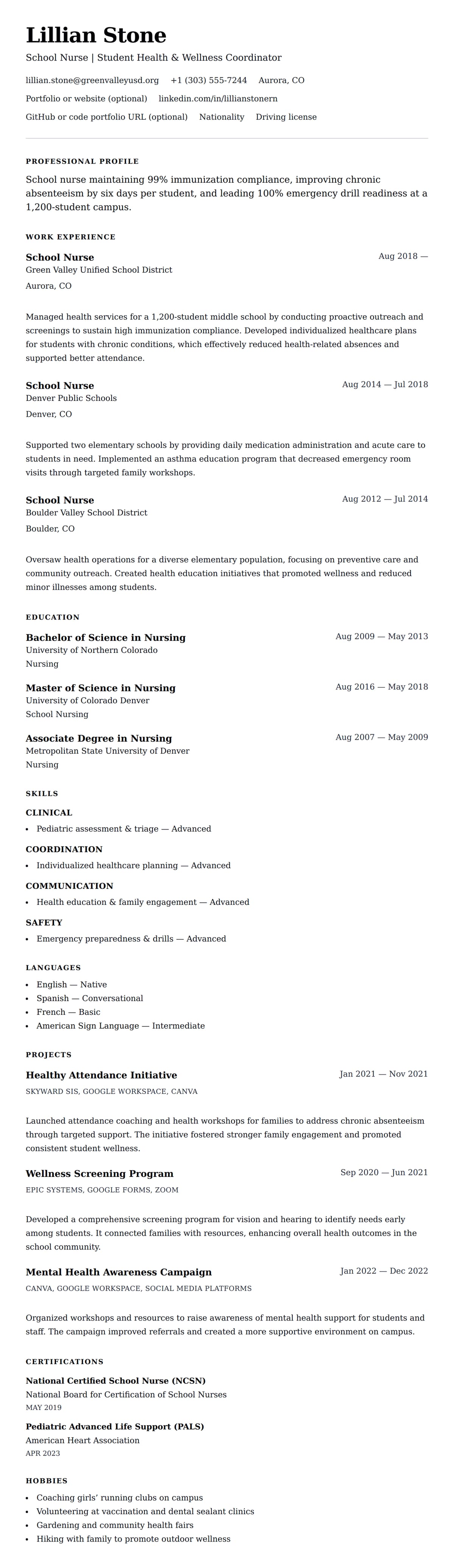 Resume preview for School Nurse Resume Example