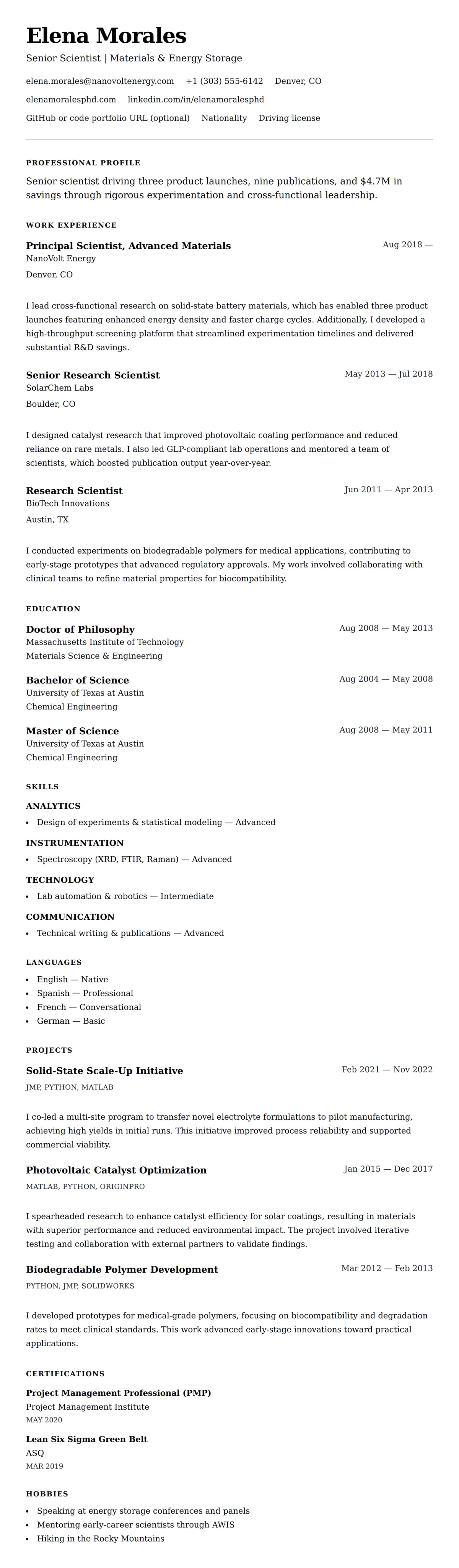 Resume preview for Scientist Resume Example