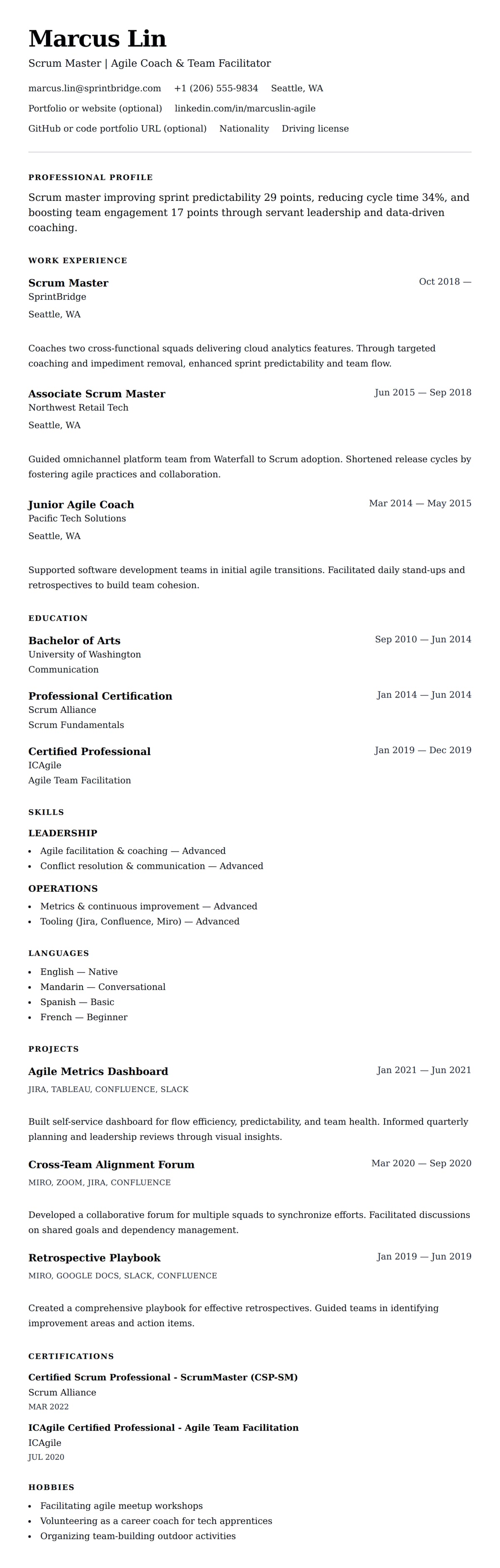 Resume preview for Scrum Master Resume Example