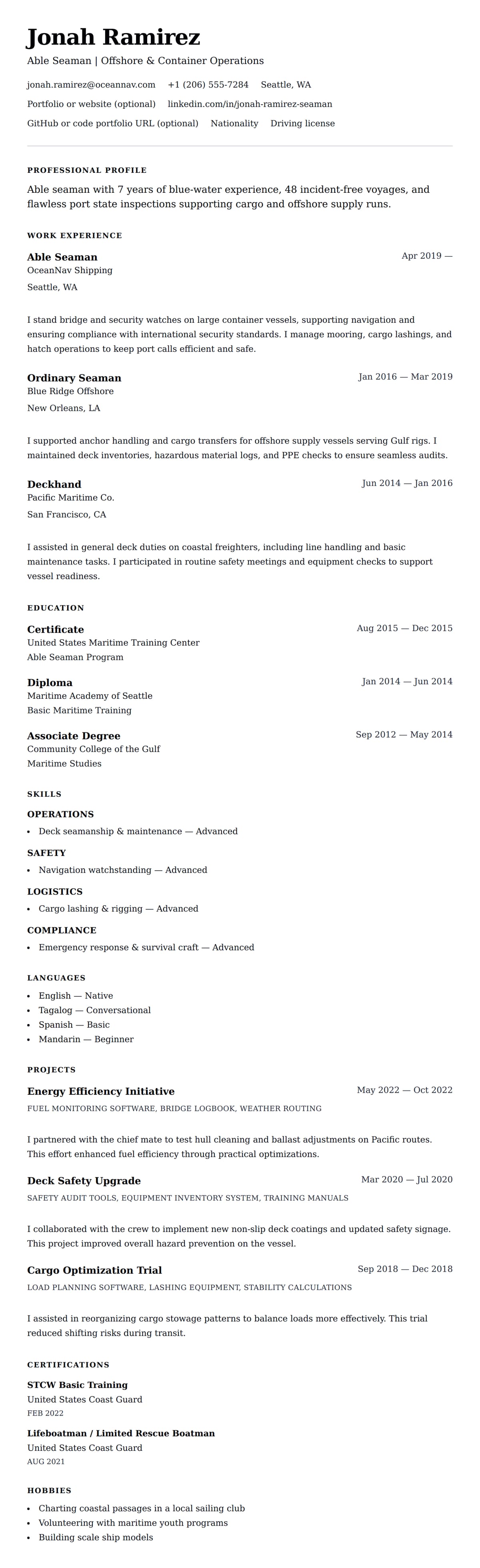 Resume preview for Seaman Resume Example