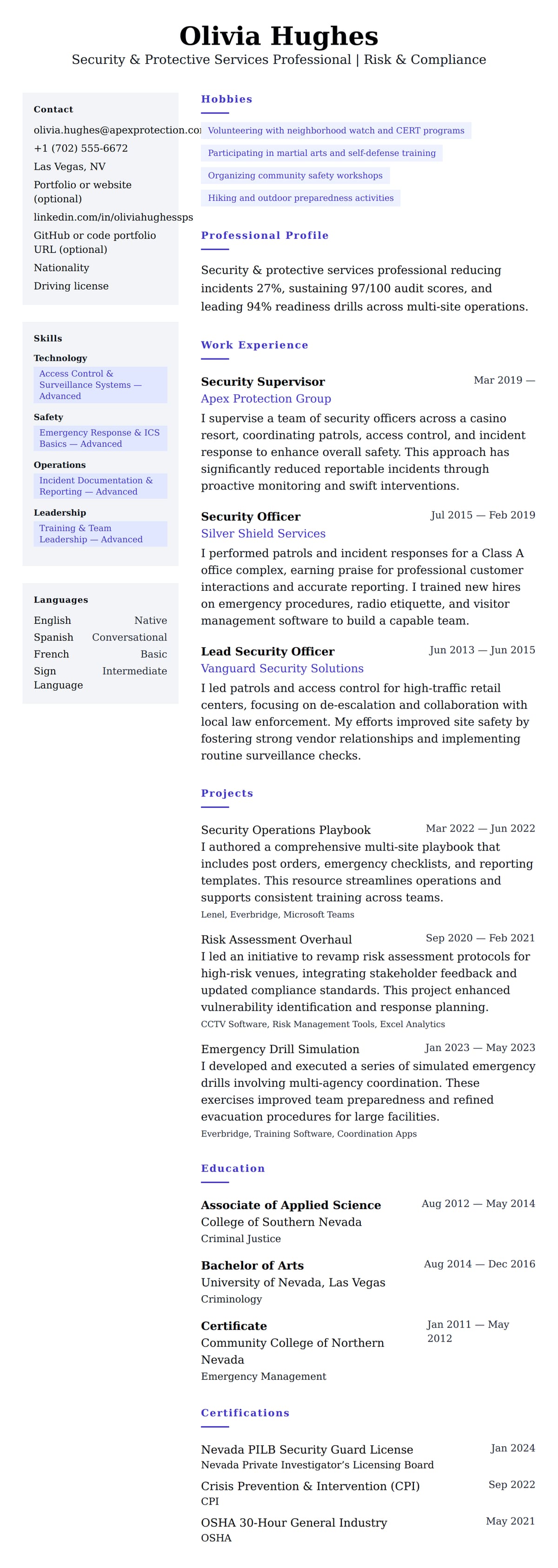 Security & Protective Services Professional Resume Example