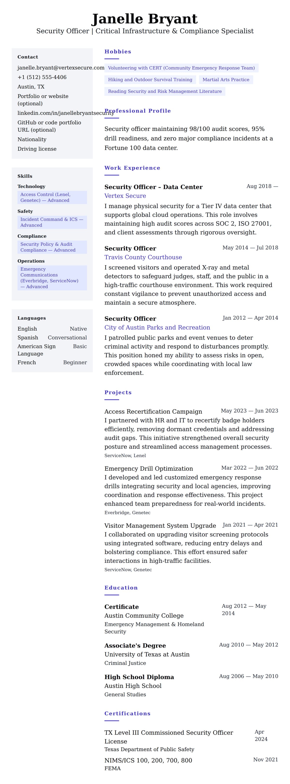 Resume preview for Security Officer Resume Example