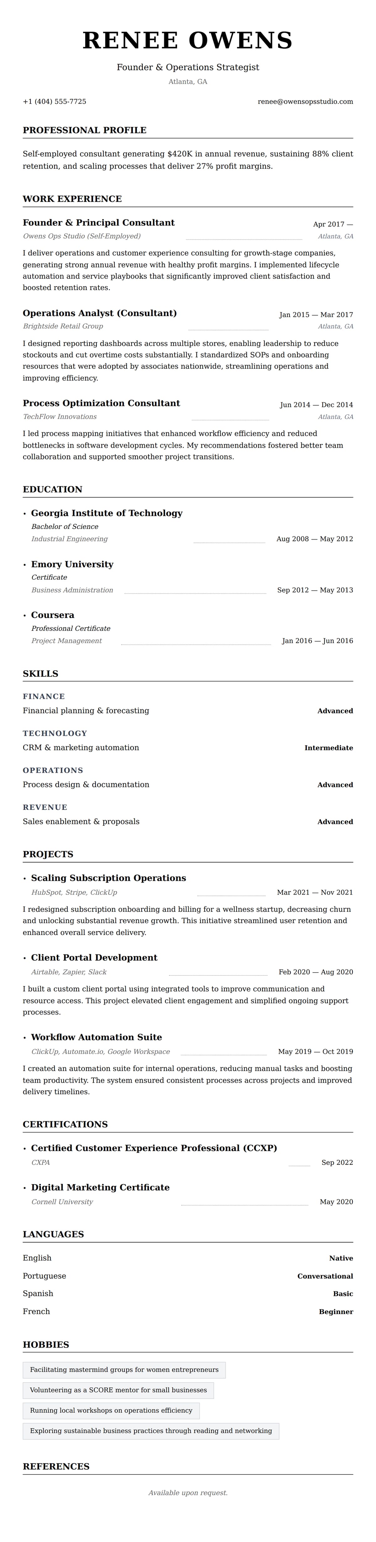 Resume preview for Self-Employed Professional Resume Example