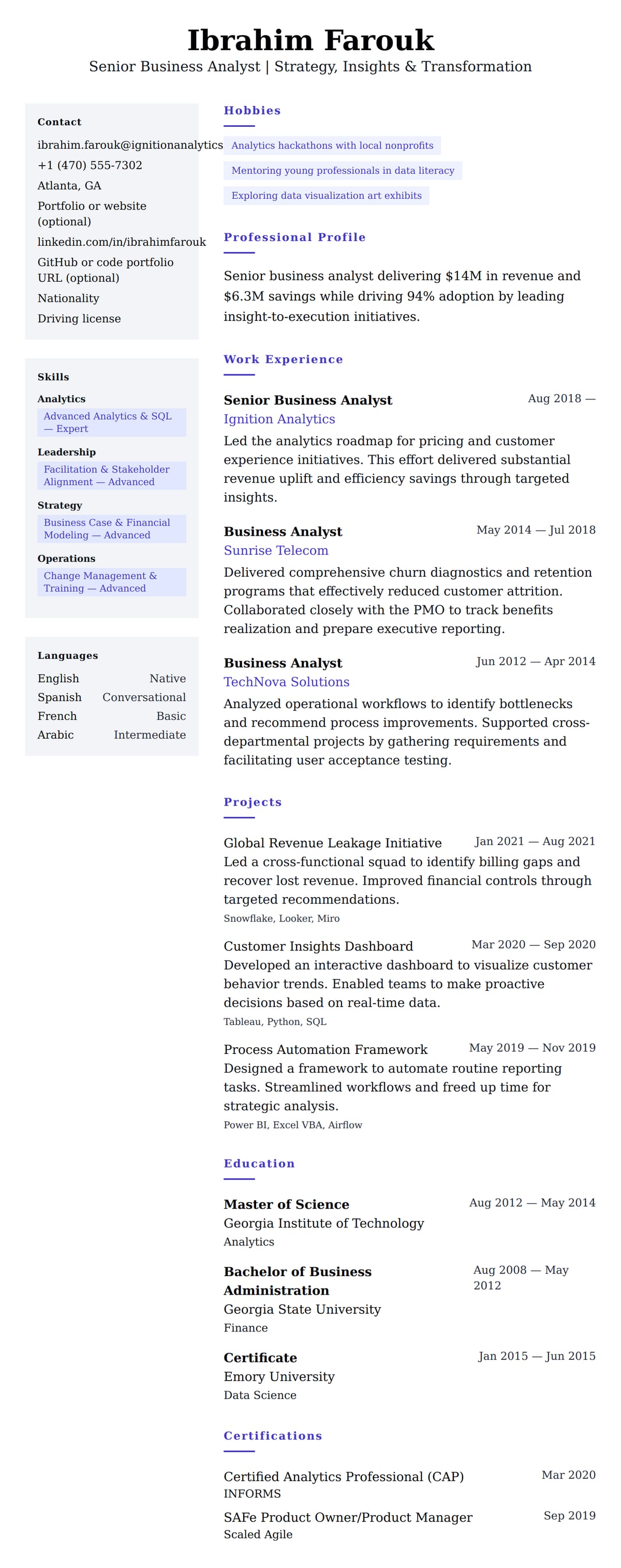 Resume preview for Senior Business Analyst Resume Example