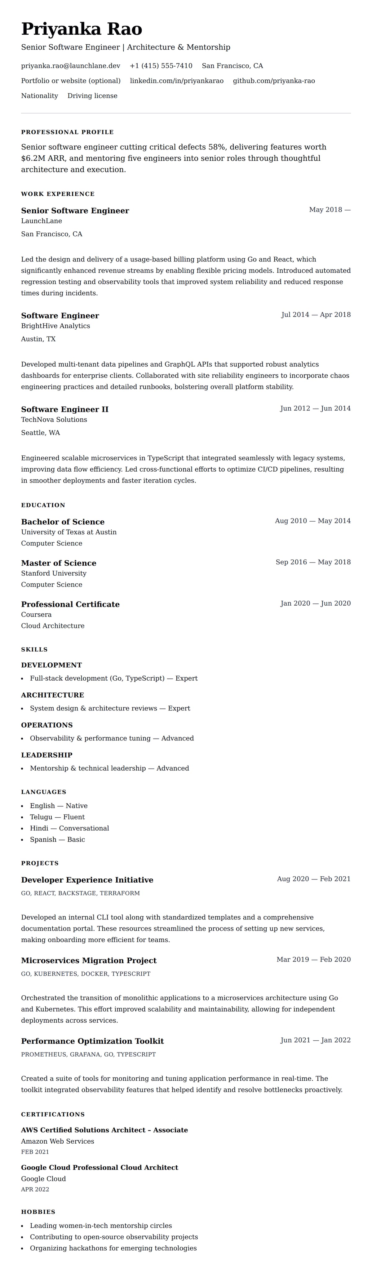 Resume preview for Senior Software Engineer Resume Example