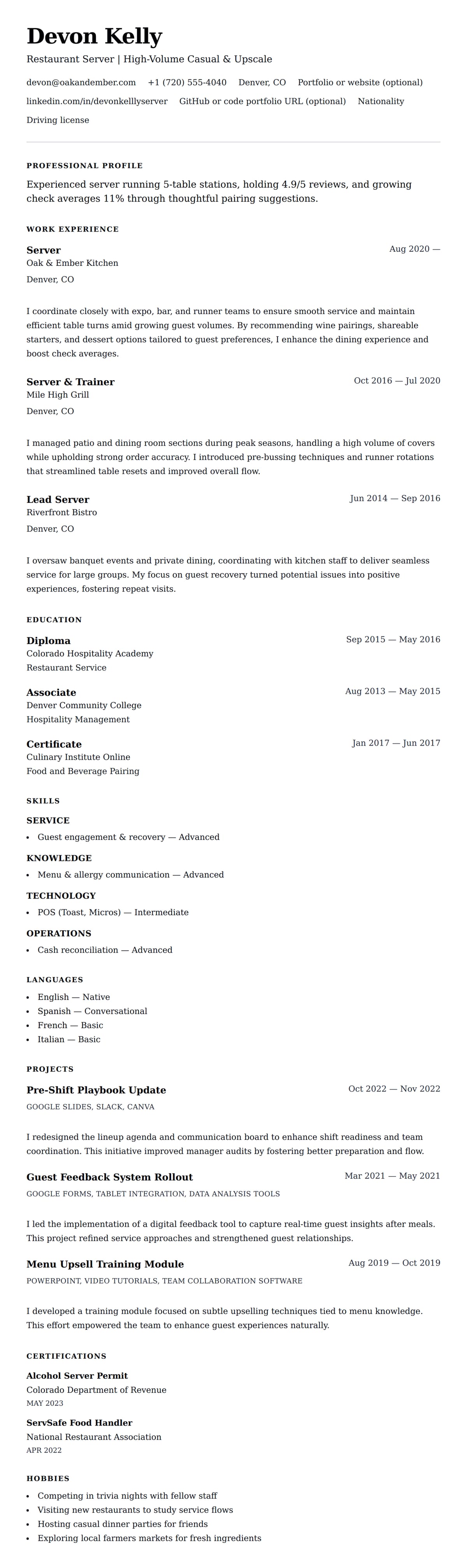 Resume preview for Server Resume Example