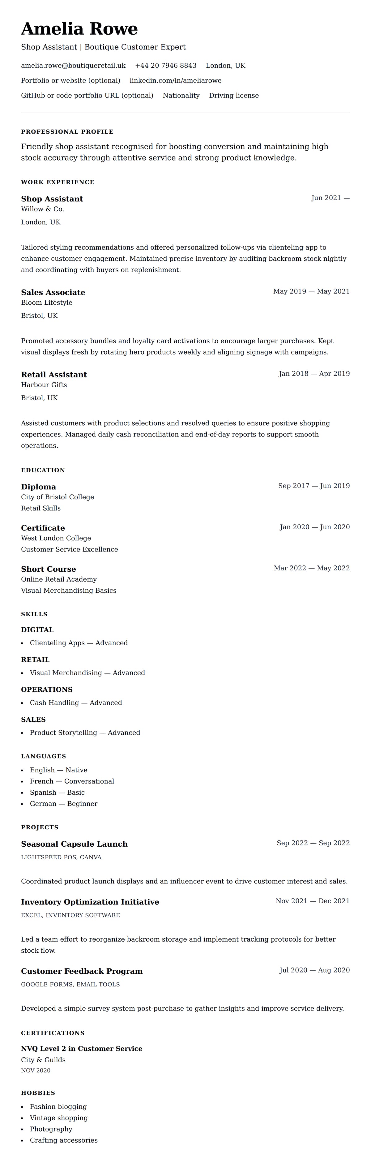 Resume preview for Shop Assistant Resume Example