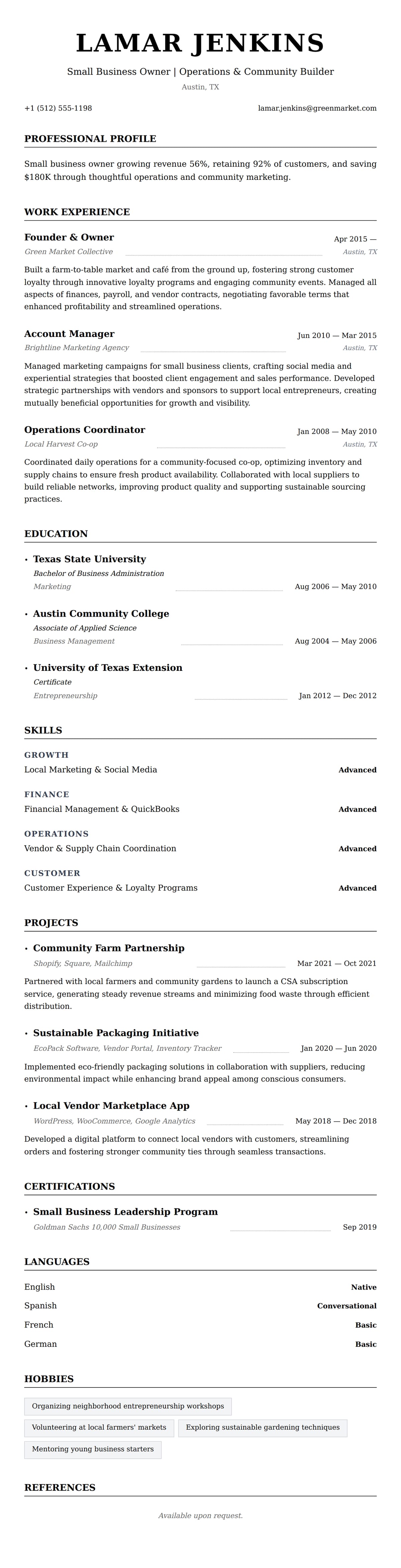 Resume preview for Small Business Owner Resume Example
