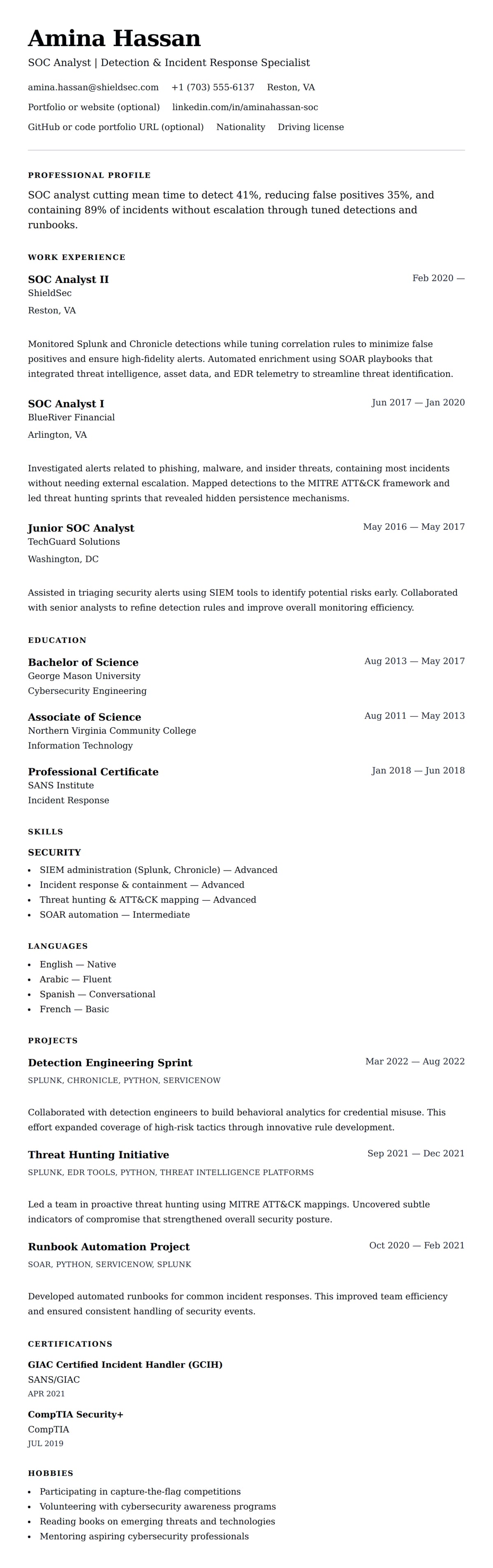 Resume preview for SOC Analyst Resume Example