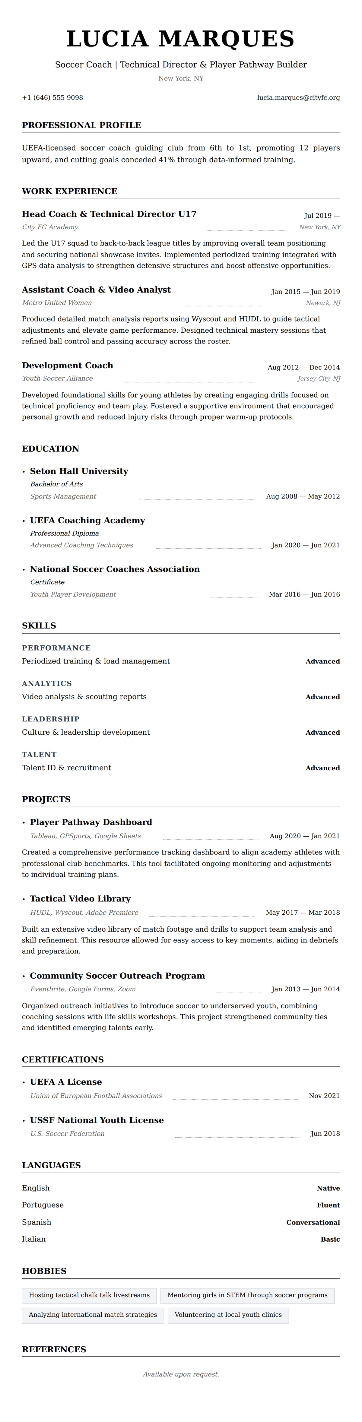 Resume preview for Soccer Coach Resume Example