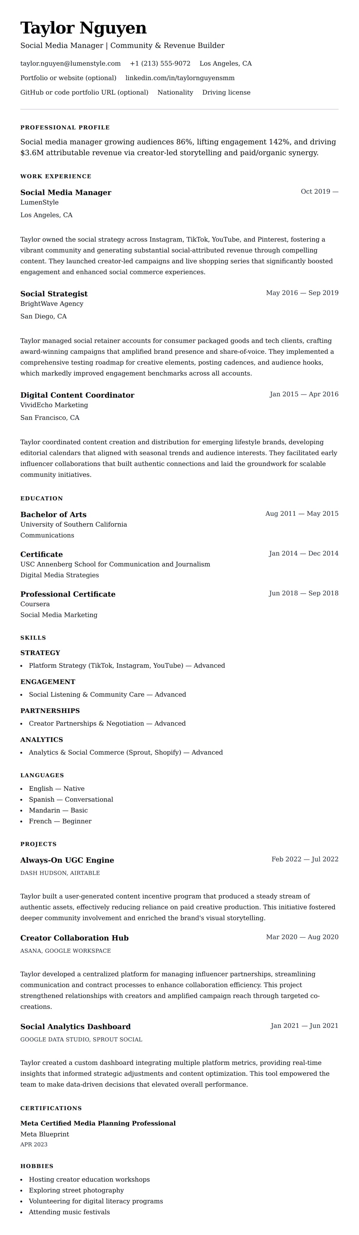 Resume preview for Social Media Manager Resume Example
