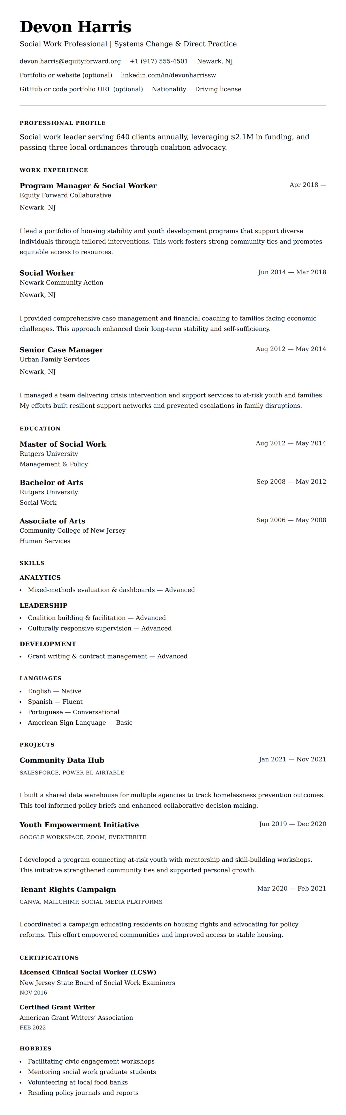 Resume preview for Social Work Professional Resume Example