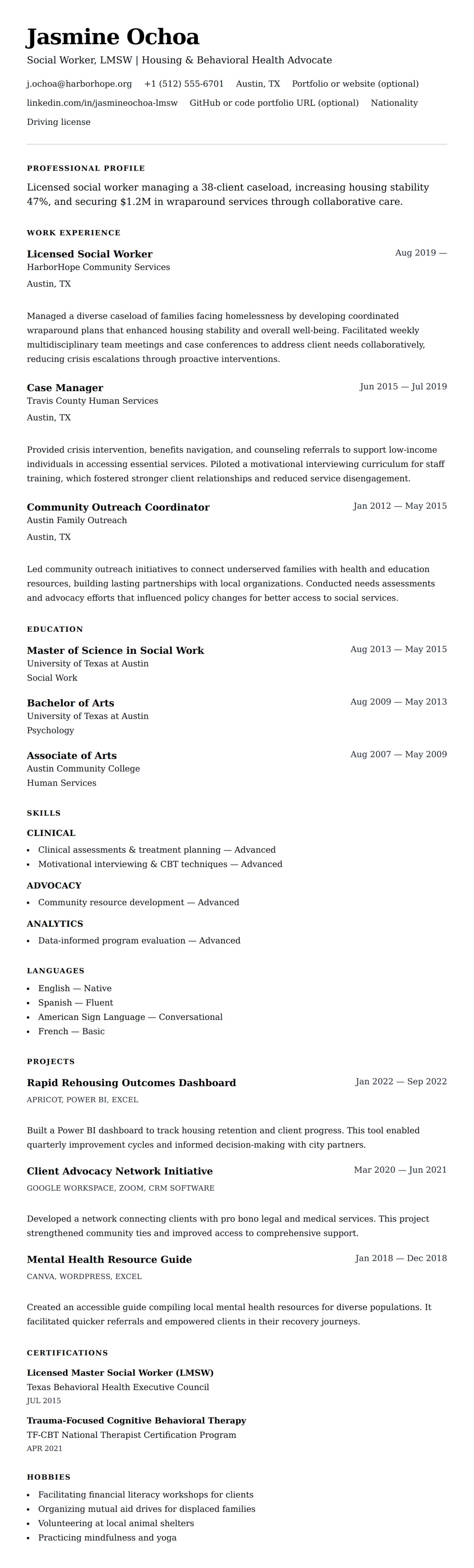 Resume preview for Social Worker Resume Example