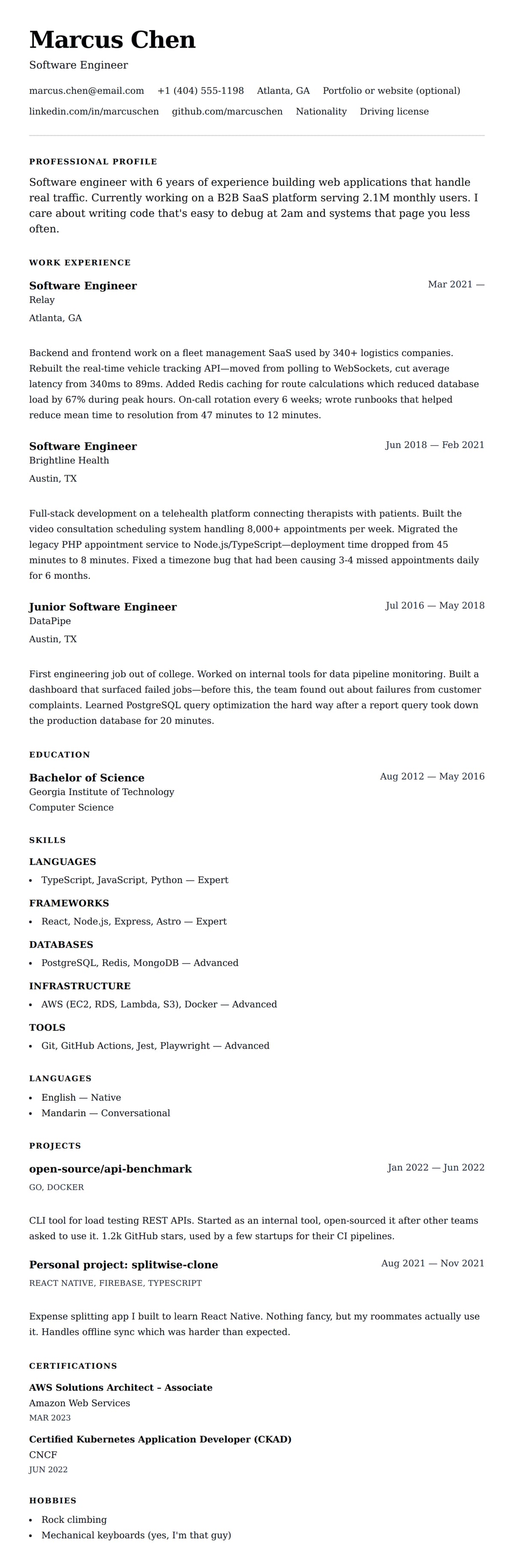 Resume preview for Software Engineer Resume Example