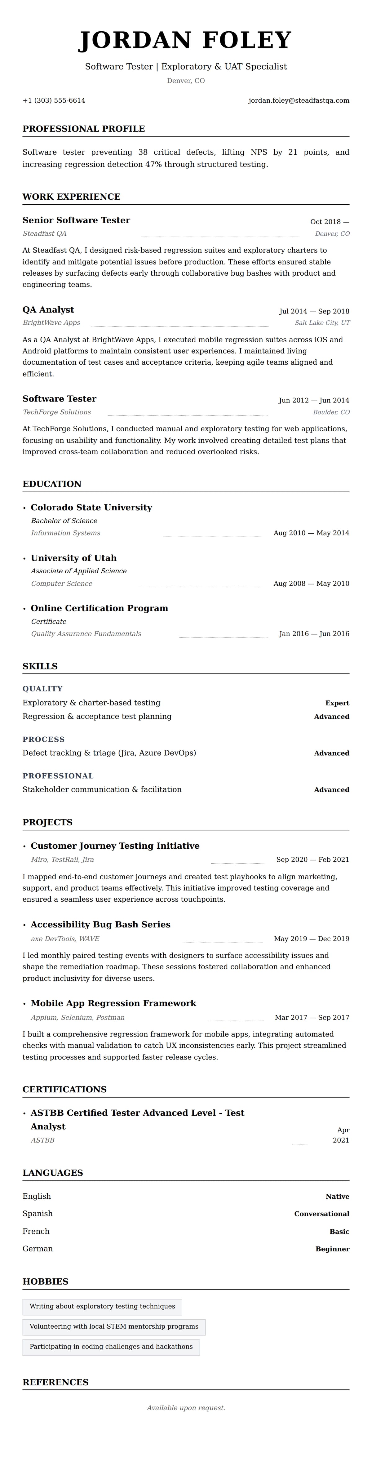 Resume preview for Software Tester Resume Example