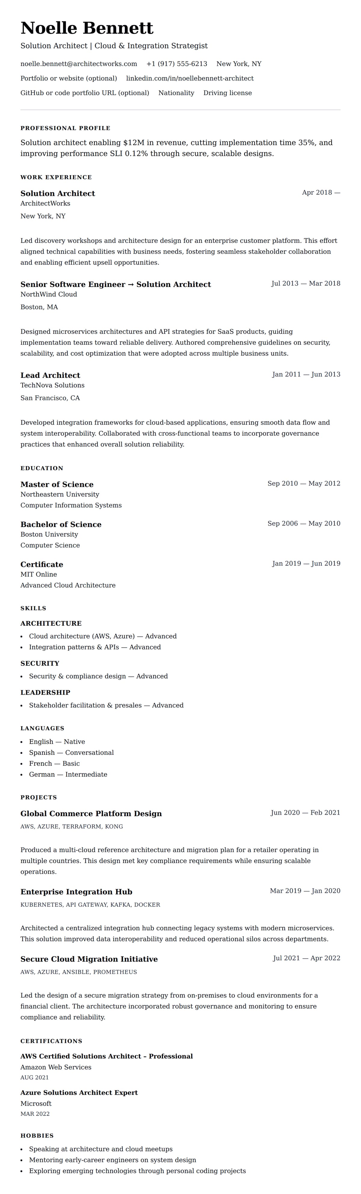 Resume preview for Solution Architect Resume Example