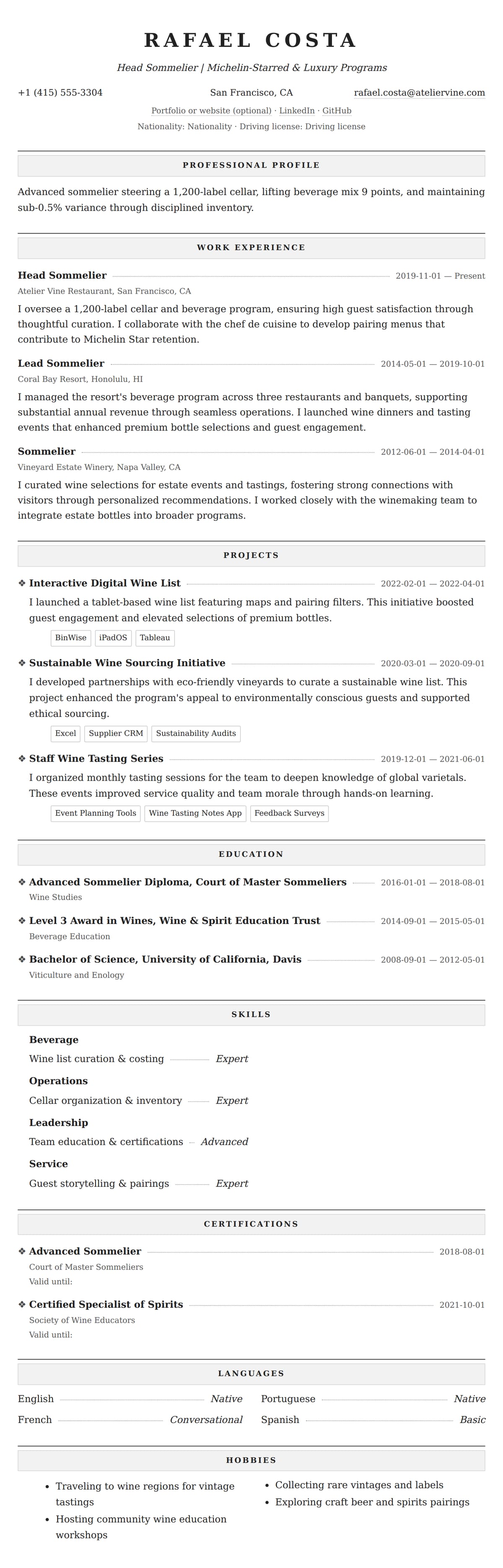 Resume preview for Sommelier Resume Example