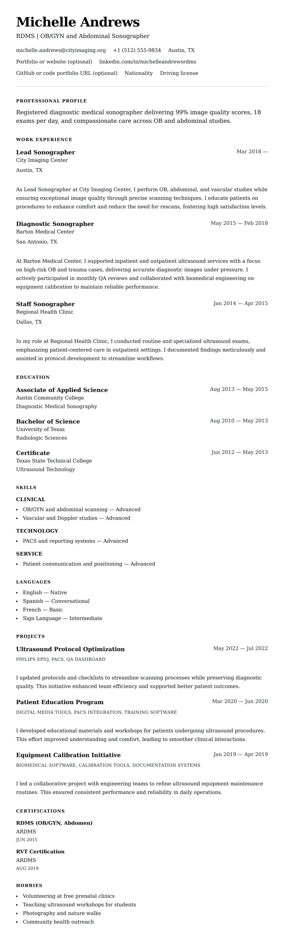 Resume preview for Sonographer Resume Example
