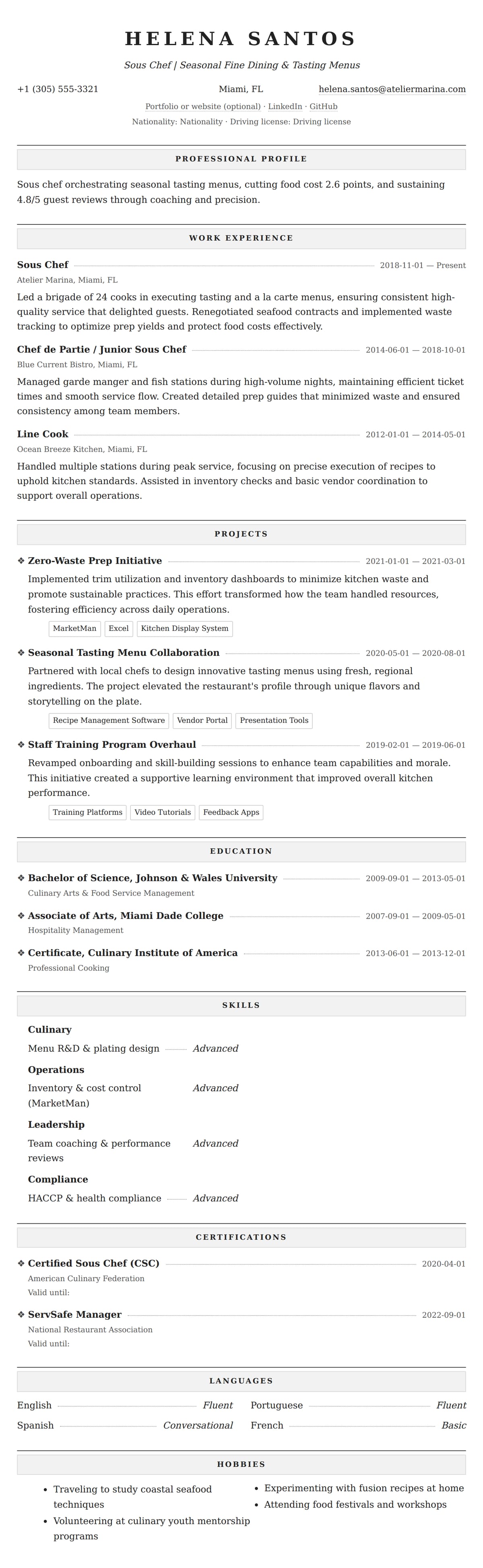 Resume preview for Sous Chef Resume Example