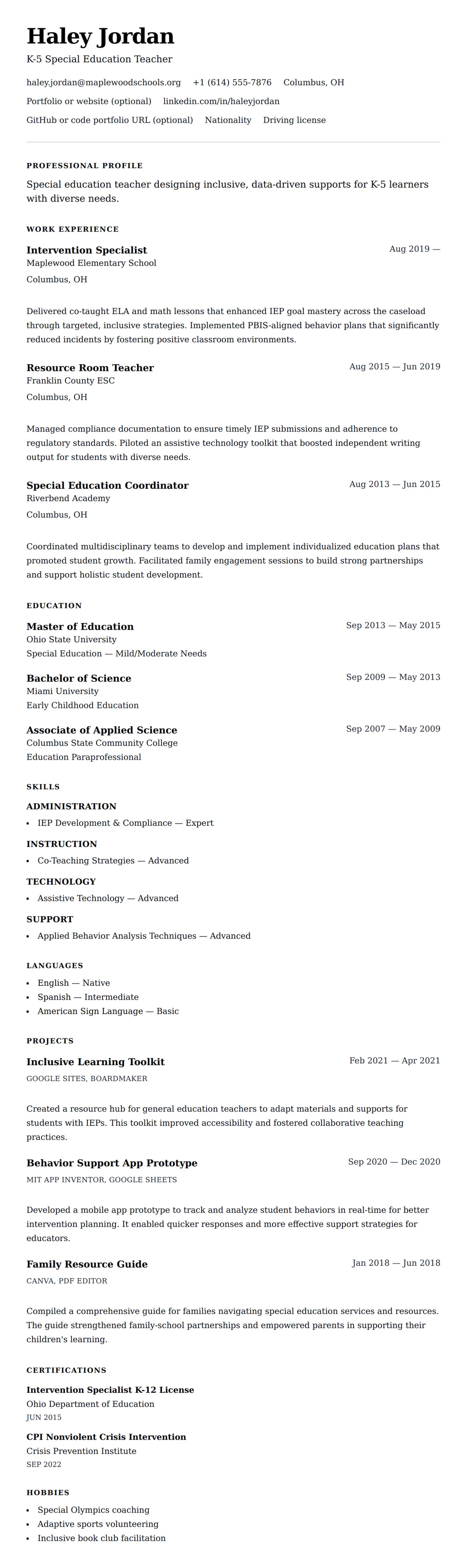 Resume preview for Special Education Teacher Resume Example