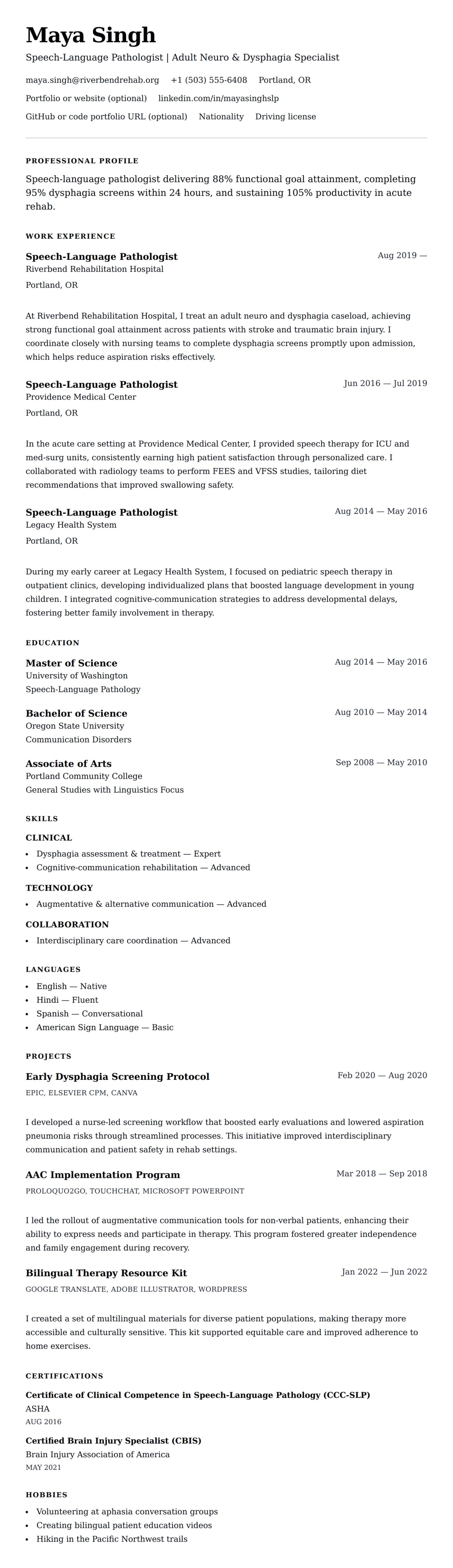 Resume preview for Speech-Language Pathologist (SLP) Resume Example
